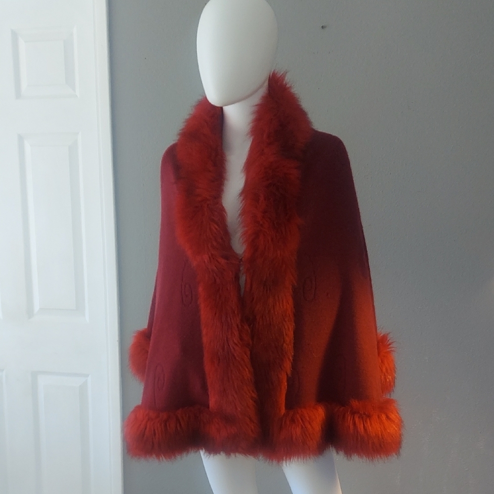 Elegant Red Faux Fur Trimmed Women's Coat